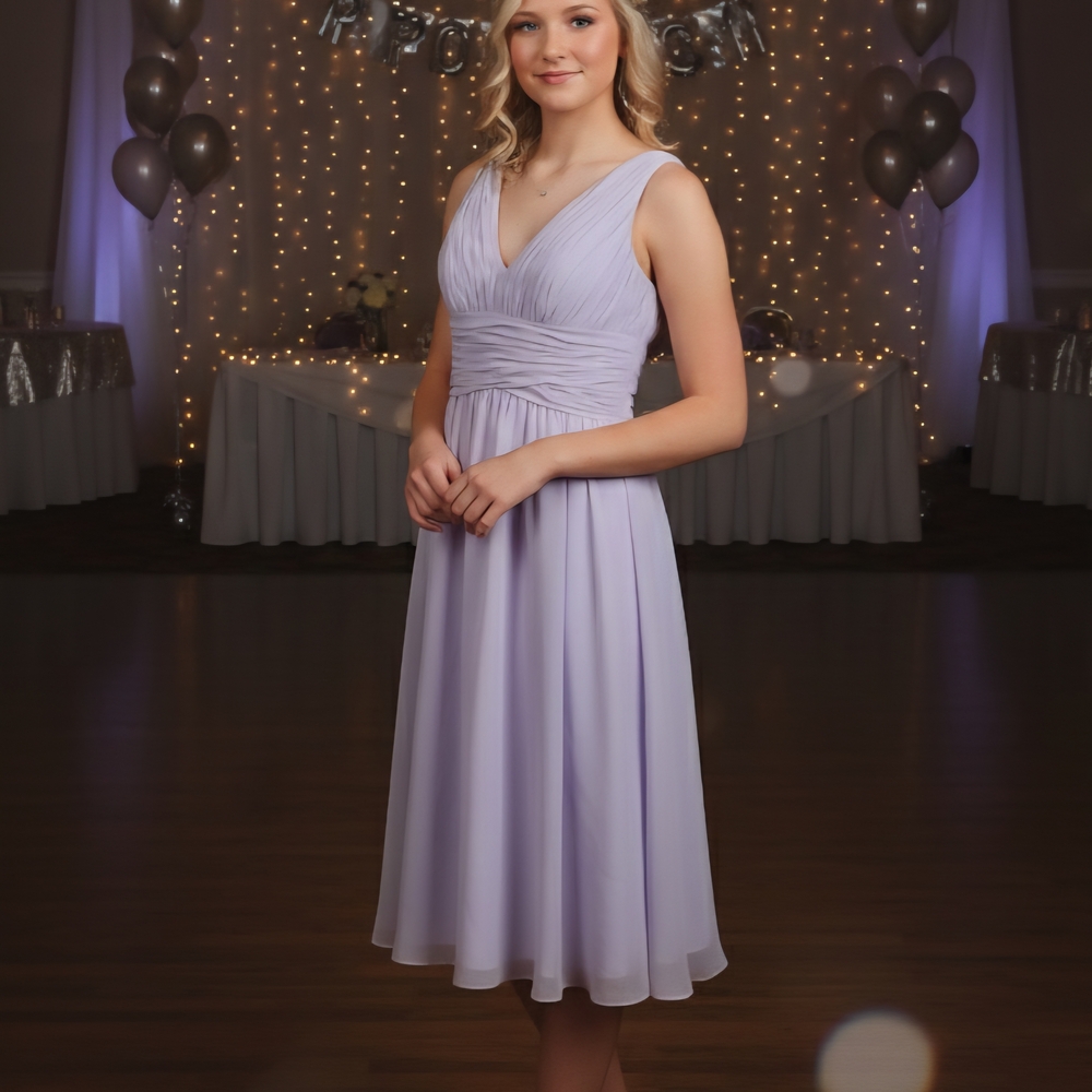 PROM QUINCEAÑERA CHIFFON DRAPED SLEEVLES, MID LEG DRESS